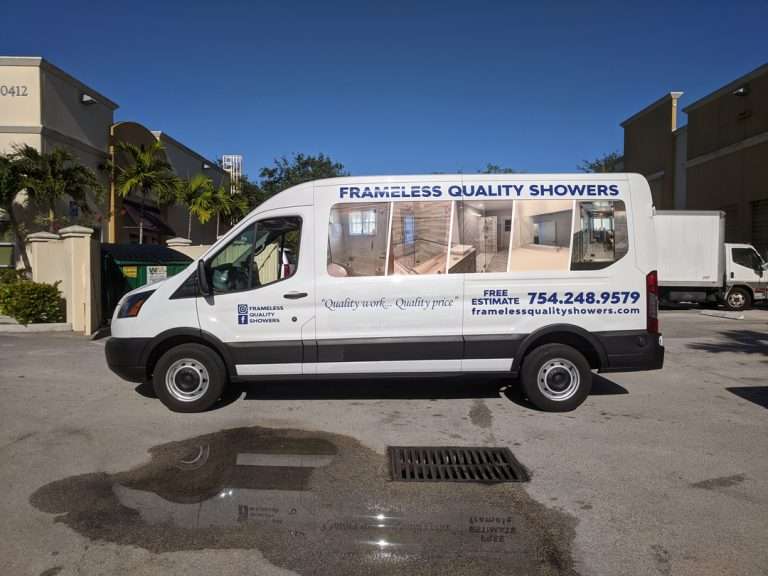 Frameless Quality Showers commercial vehicle lettering project, photo 2 of 4