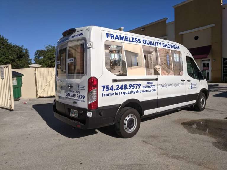Frameless Quality Showers commercial vehicle lettering project, photo 1 of 4