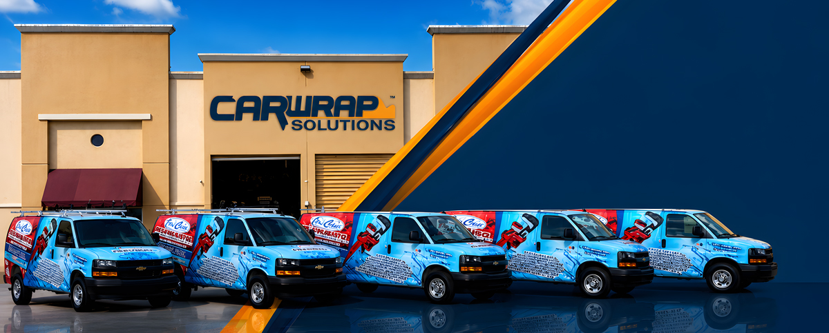 background | Car Wrap Solutions | Car Wrap Solutions Row of blue wrapped vans with promotional graphics parked in front of a Carwrap Solutions building on a sunny day.