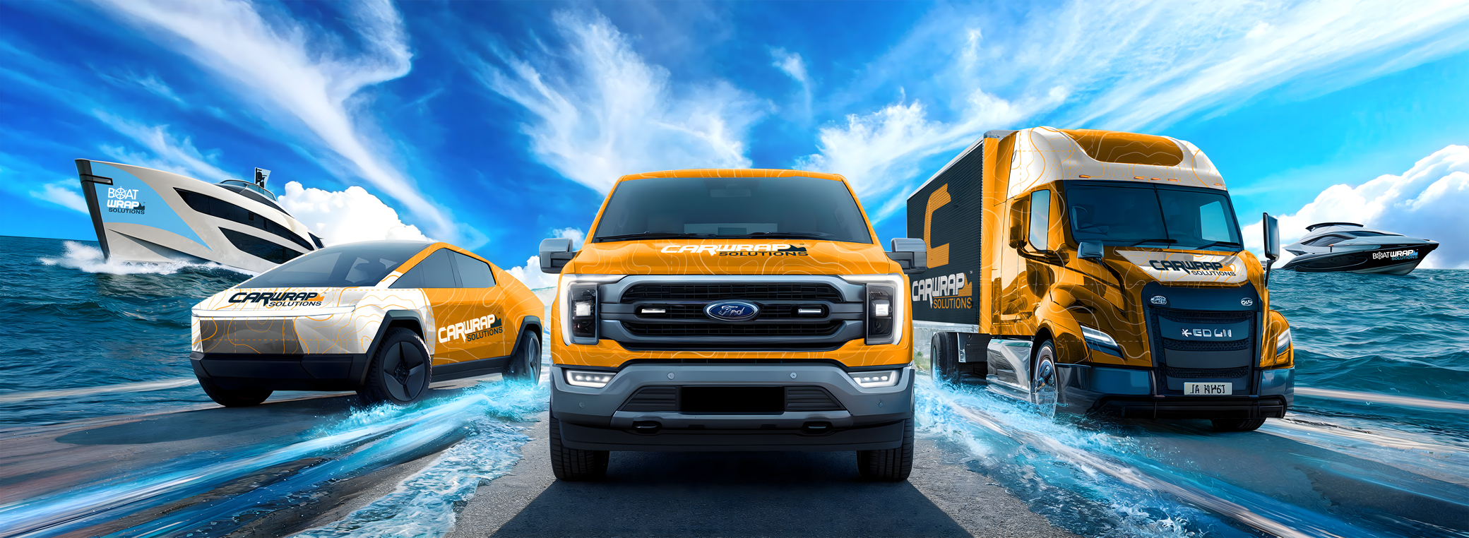 Orange CarWrap Solutions fleet: wrapped car, van, and truck driving with boats in blue ocean behind them.",