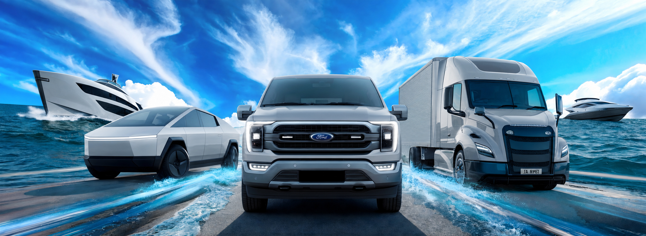 Front view of a white Ford pickup flanked by a sleek car on the left and a large semi-truck on the right, riding on a watery highway under a bright blue sky.