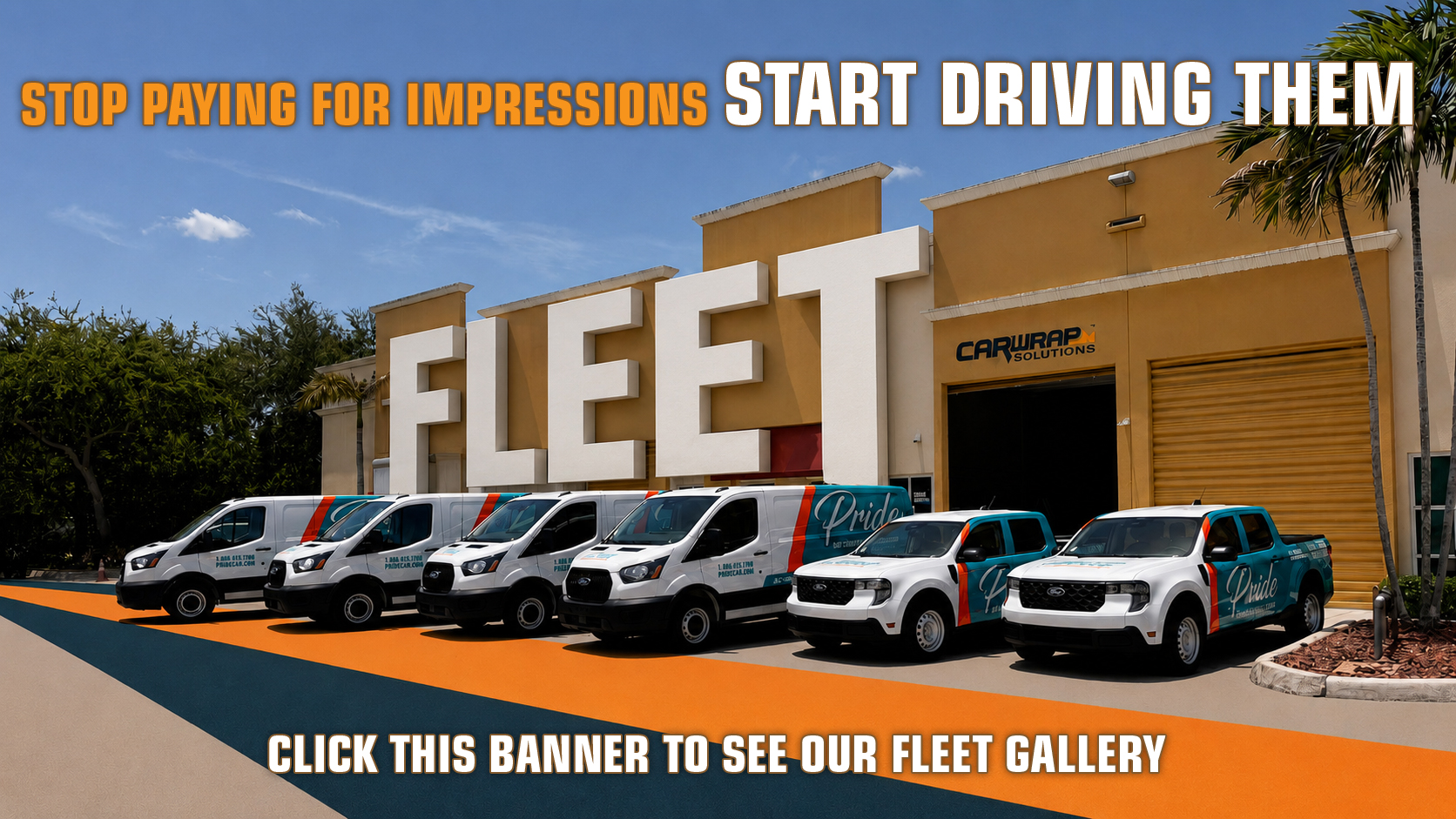 Branded commercial fleet vans promoting vehicle wrap advertising