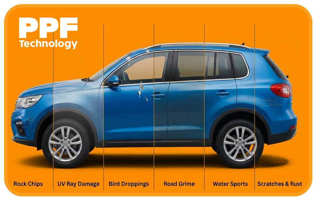 Blue SUV on an orange background promoting PPF Technology; lists protection topics like rock chips, UV damage, bird droppings, road grime, water spots, scratches and rust.