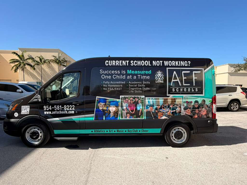 Black promotional van for AEF Schools with slogans like 'Current School Not Working?' and photos of smiling students on the side, advertising after-school programs.