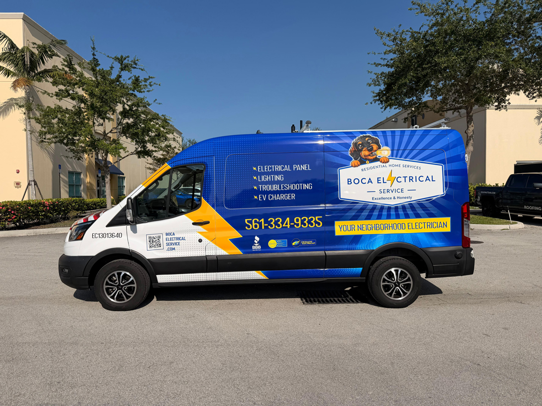 Blue Boca Electrical Service van with yellow accents, promoting electrical services in a parking lot.